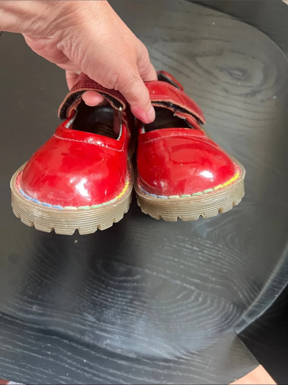 Dr. Martens Mary Jean Kids Glossy Red Mary Jane Shoes with Rainbow Welt sz 10